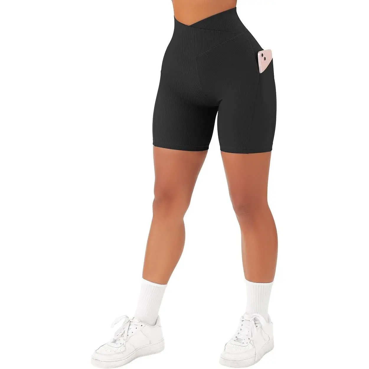 Women's 5-in High-Waisted Ruched Waist Cotton Athletic Shorts - Seamless Cross Workout Booty Biker Shorts with Pockets, Seamless Shorts