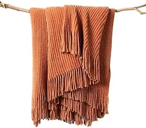 Throw Blanket for Couch, Soft Boho Decor Bed Throw,Cozy Burnt Orange Chenille Knitted Small Farmhouse Lightweight Throw for Spring(Rust,60 * 80")