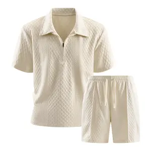 Men’s diamond jacquard short-sleeve set for summer: half-zip polo shirt + elastic-waist shorts, two-piece casual versatile athletic outfit
