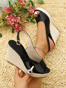 Women's Classic PU Fashion Wedge Heel Sandals, Thick Sole Fish Mouth Buckle Strap Shoes, New Arrival 2026 Ladies Footwear, Wedge Design, High Heels