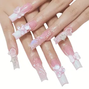 Press on nails 24pcs Long Coffin French Style 3D Deluxe Nail Set with Flower, Bow, Teddy Bear, Stars and Faux Pearls Design, Removable False Nails, Stick on Nails, Reusable, DIY Nail Art, Includes nail Adhesive Tabs, nail File, and Manicure Stick