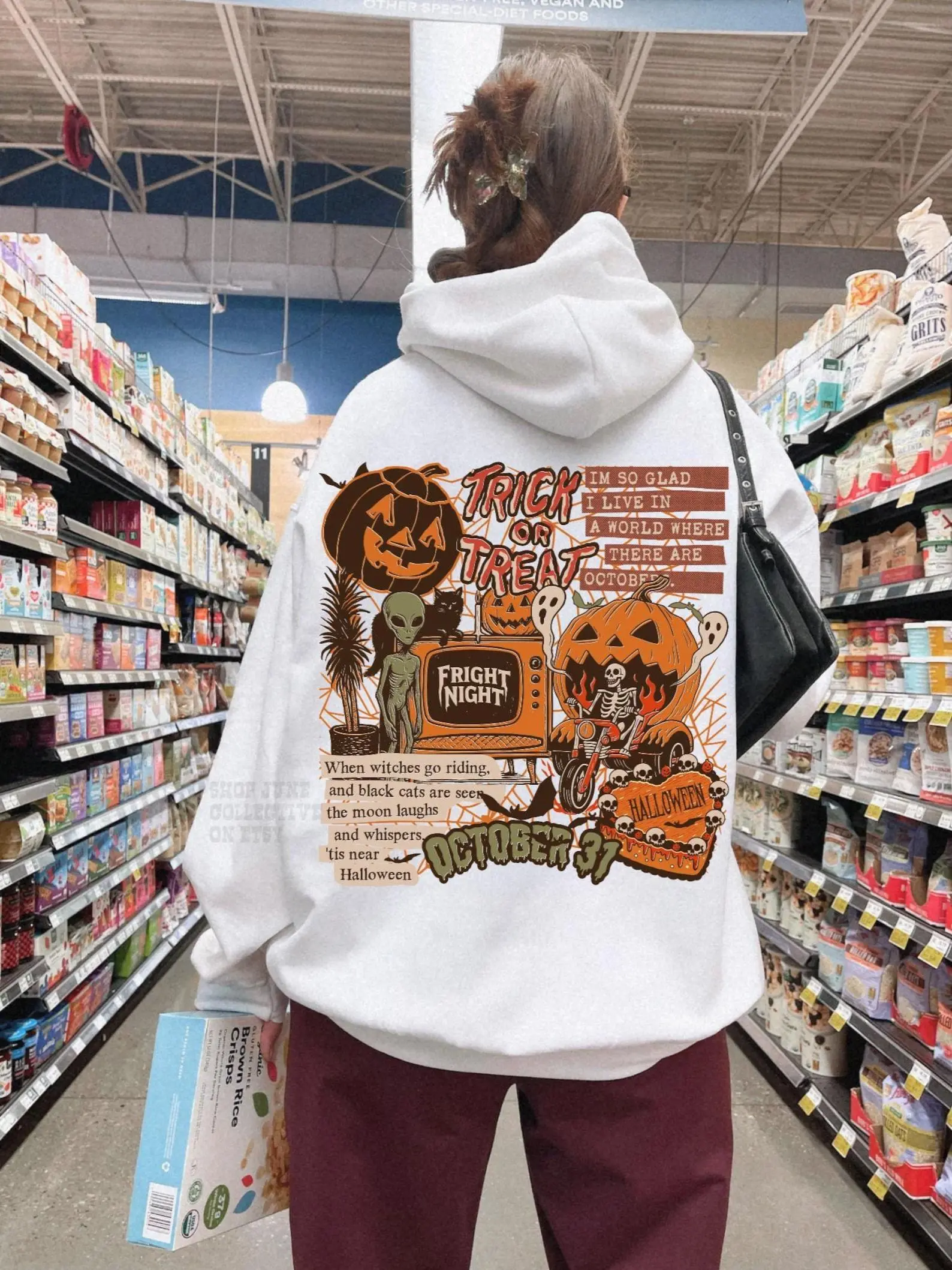Vintage Halloween Collage Hoodie, Grunge Trick or Treat Graphic Hoodie, Ghost Pumpkin Skeleton Witchy Hoodie, Spooky Season Fall Gift