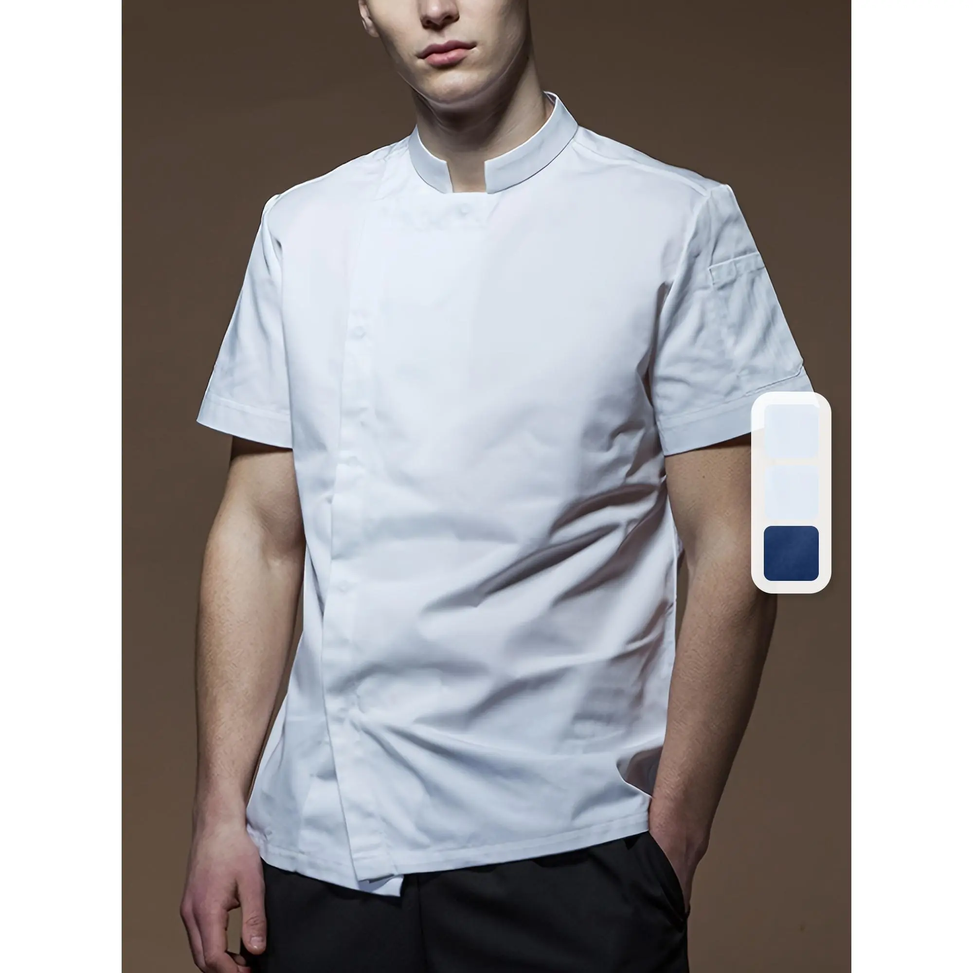 Men'S Lightweight Breathable Chef Jacket - Solid Color, Stand Collar, Short Sleeve, Comfortable Polyester Kitchen Cooking Uniform with Button Details for Restaurant and Hotel Use, Professional Chef Wear |     Short Sleeve Jacket |     Fabri