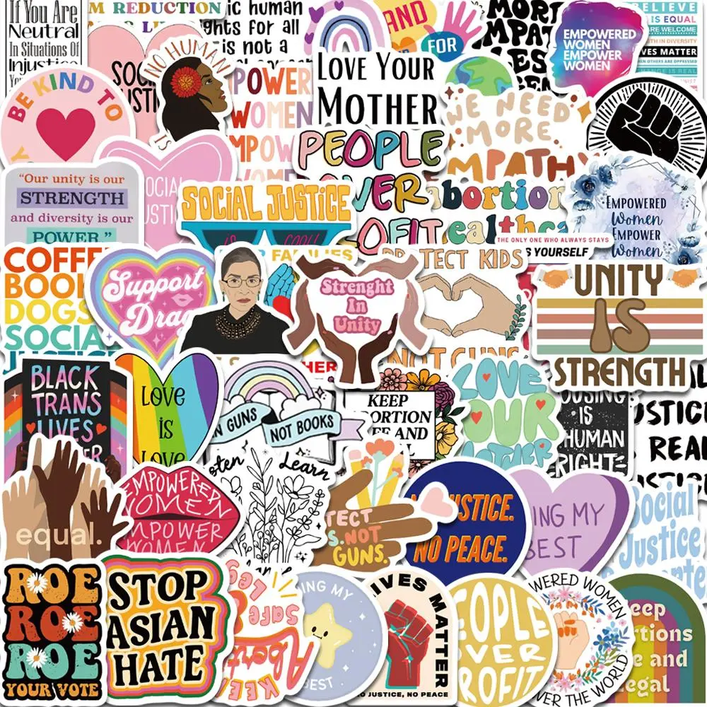 Social Justice Themed Sticker, 50pcs/set Multicolor Cartoon Decorative Sticker, DIY Decals for Water Bottle, Laptop, Phone Case, Scrapbooking, Journal Making