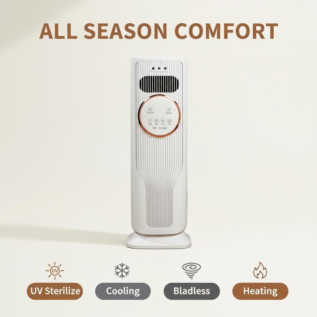 Year-Round Home Comfort: 2-in-1 Bladeless Tower Fan & Space Heater – 3 Speed Fan, 2 Heat Levels, Remote Control, Ice/Water Cool Breeze, Space-Saving, High Efficiency – Perfect for Indoor Use, Bedroom, Office – Safe Quiet Heating & Cooling