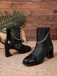 Dark Punk Style Metal Chain Decor Mesh Patent Leather Patchwork Square Toe Chunky Heel Short Boots, Breathable Hollow Out Slim Fit Daily Street Party Versatile Commute Date Short Boot