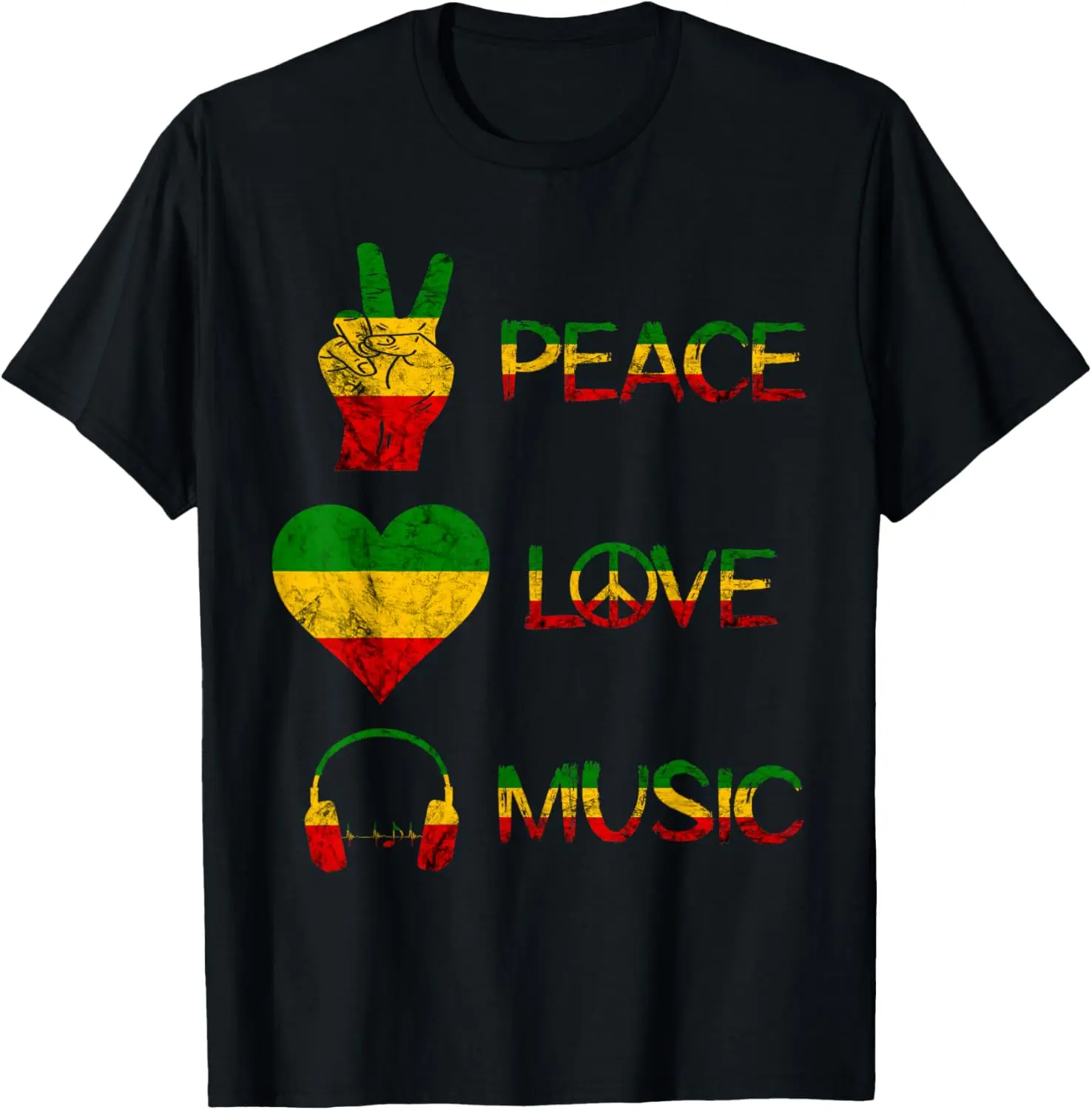 Women's 100% Cotton Short-Sleeve Casual Streetwear Distressed Graphic T-Shirt - Love, Peace, Music, Rasta, Rastafari Roots Pride Design, Shortsleeve, Round Neck, Top, Tshirt, Vintage, Playful, Rasta Theme, Peace Love Music, Everyday, Distressed Look