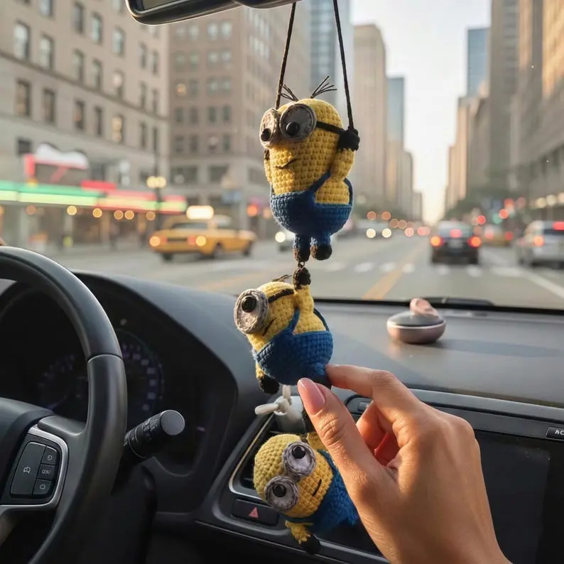 Funny Triple Minions Crochet Car Mirror Hanging - Handmade Amigurumi Character Charm, Gift for Him Her, Car Decor