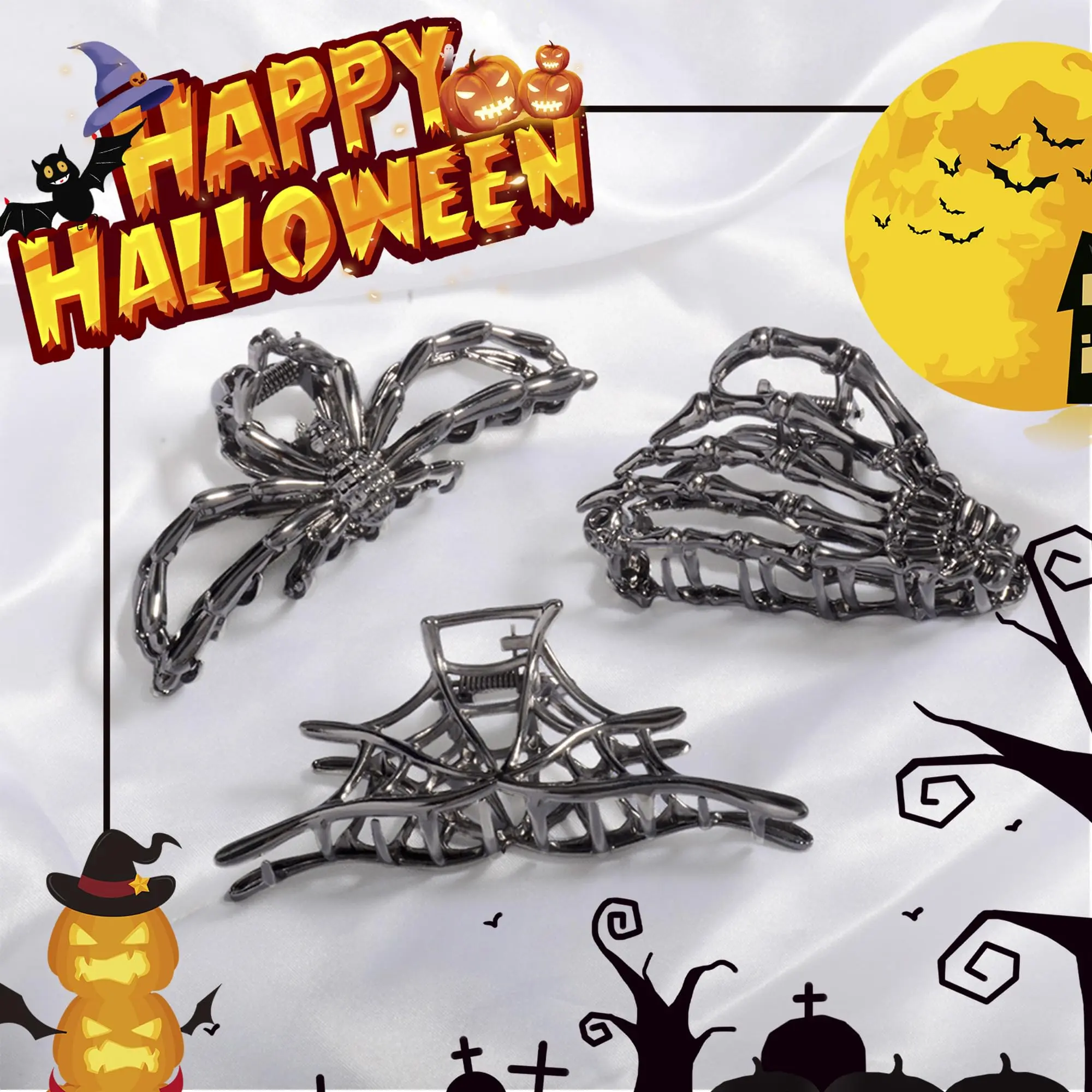 3PCS Black Spider Web Skeleton Hand Skull Hair Claw Clips  display picture 2