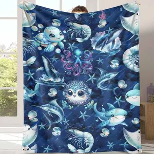 Ocean Life Flannel Throw Blanket - Sea Animal Artwork Beach-Themed Warm Body-Warming Blanket, Super Soft, Cozy, Lightweight, Anti-Pilling, Suitable for Living Room, Travel, Perfect Gift for Family, Throw Blankets, Warm Blanket