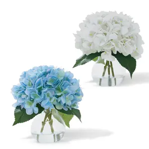 2-Pack Real Touch Artificial Hydrangea Flowers in Vase, Lifelike Faux Hydrangea Bouquet for Home Table Centerpieces, Bathroom & Office Decor, White & Blue