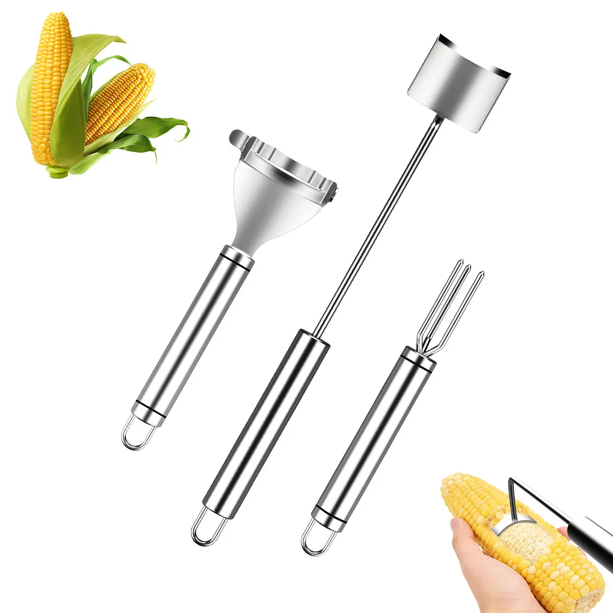 3Pcs Durable Stainless Steel Corn Peeler & Stripper Set with Handles - 3 Different Blades Cob Scraper, Quick Kernel Extractor Fork, Easy Hanging Storage Kitchen Utensil Gadget for All Corn Sizes, Great for Meal Prep