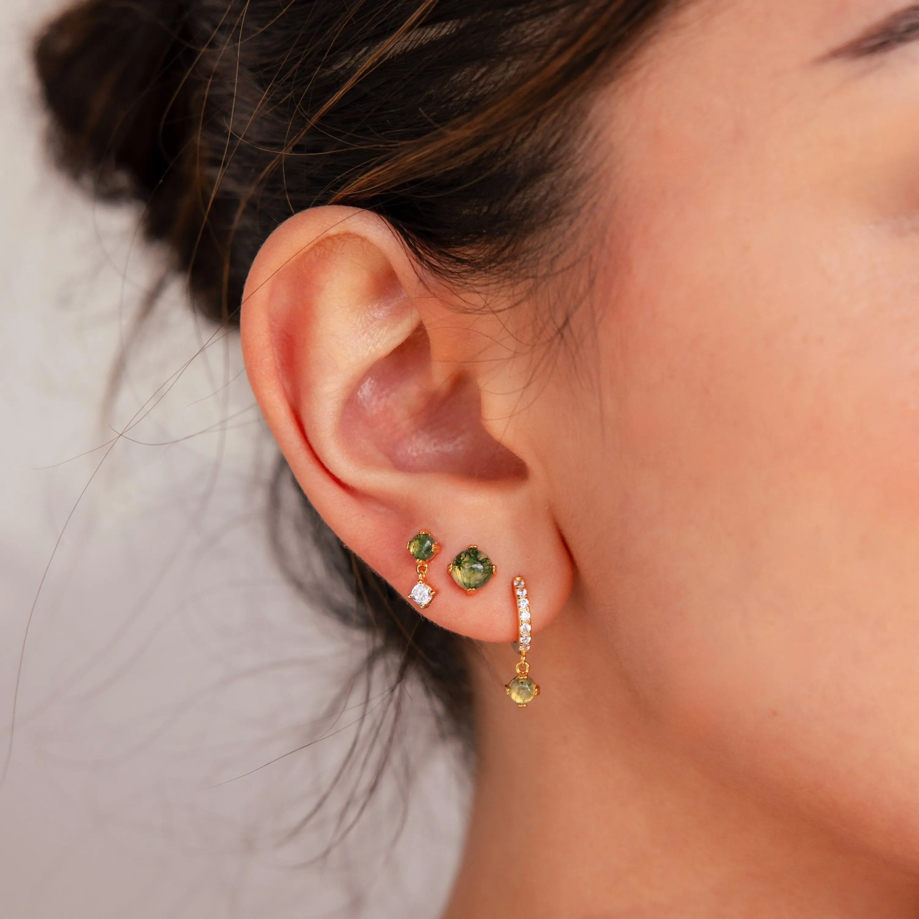 Agate Earrings Set by Caitlyn Minimalist - Green Gemstone Dangle Earring, Stud Earring, & Huggie Hoop with Charm - Moss Agate Jewelry - Best Friend Gift