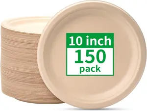 Compostable Paper Plates 10 Inch [150 Pack], Disposable Biodegradable Heavy Duty Paper Plates, Made of Natural Sugarcane Fibers, Unbleached Brown, Round