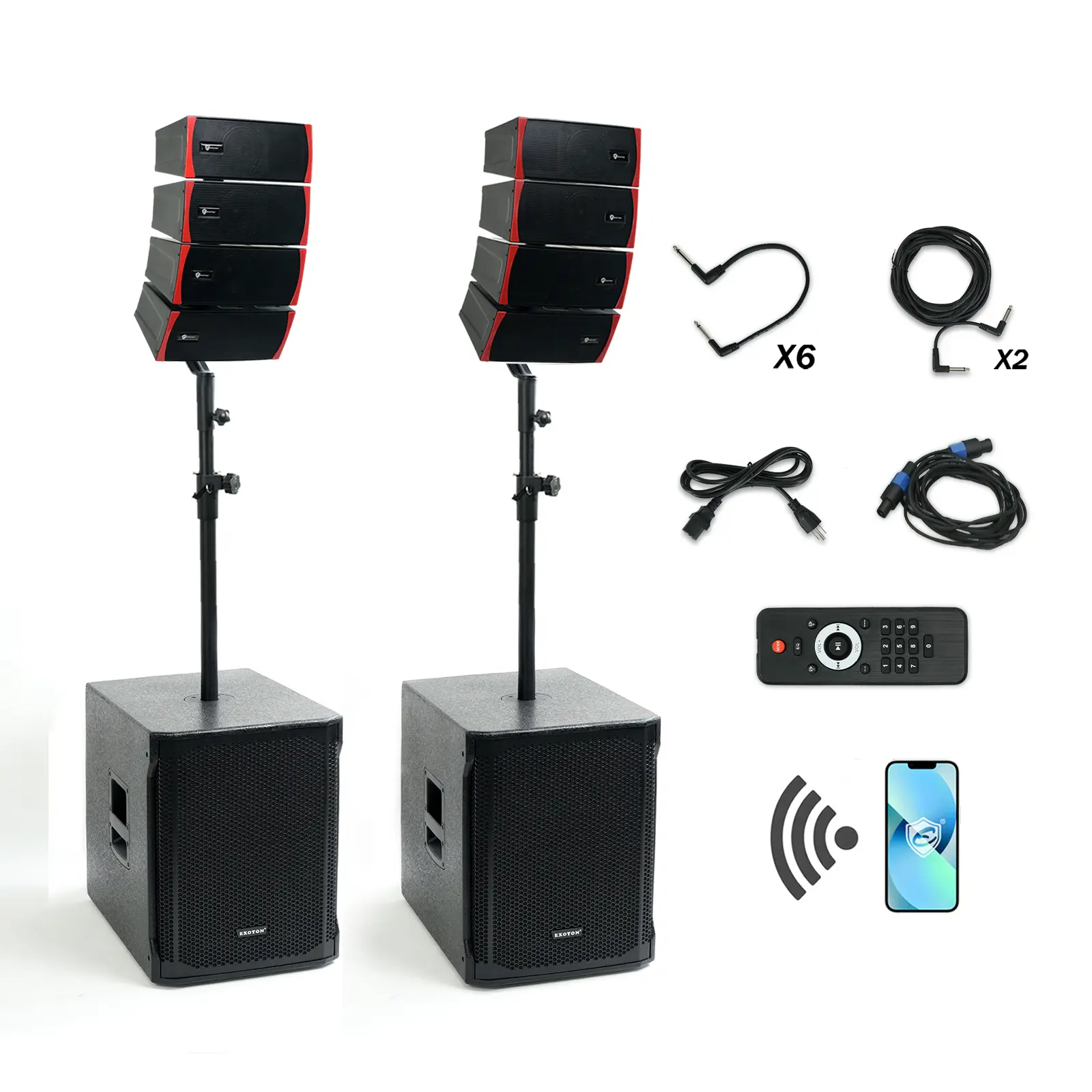 EXOTON LVP-15 15-inch Active Line Array System,4000w Professional Bluetooth PA Speaker，2 Subwoofer and 8 line Array Speakers,USB/SD Card,Remote Control,5-Band EQ(Wood Subwoofer)