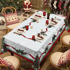 Christmas Rectangular Tablecloth, Ribbon, Holly Table Runner, Christmas Table Decorations, New Year Party and Dinner Decoration