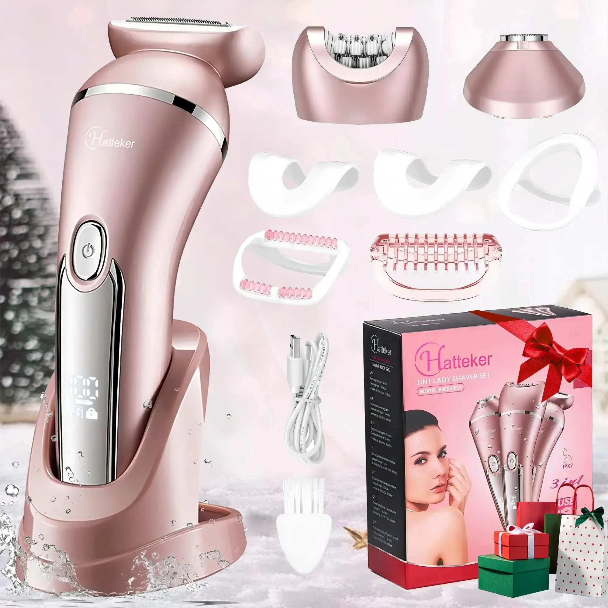 Hatteker 3 in 1 Women's Electric Shaver, Hair Removal Trimmer, Multifunctional Hair Trimmer, Electric Hair Shaver for Arms Legs Body Hair Trimming, Usb Charging Gentle Hair Trimmer with Replacement Heads, Gift for Girfriend, Shavers for Women