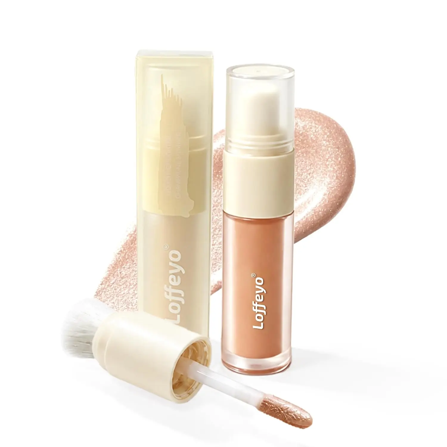 Loffeyo Dual-Ended Liquid Highlighter Cosmetic - Built-In Brush, Champagne Glow Brightening Serum, Lightweight Breathable Formula, Natural Radiant Finish, No Caking, Precise Facial Makeup Sculpting