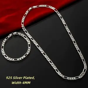 925 Silver Plated Figaro Chain Necklace & Bracelet Set，50/60cm necklaces and a 20cm bracelet, both 4mm in width. Anti-tarnish, fade-resistant, and hypoallergenic, this unisex set is ideal for everyday wear, making it the perfect gift for your loved one.