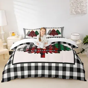 Christmas Tree Duvet Cover Set,Geometric Grid Fashion Bedding Set,Girls Boys Room/Xmas,Happy New Year Holiday Comforter Cover,Black White Rustic Quilt Cover