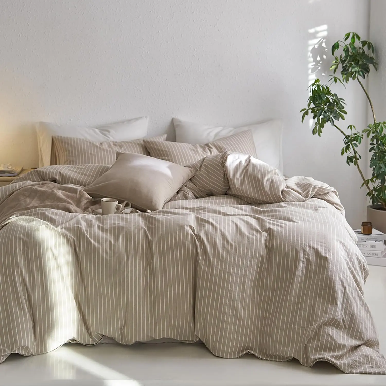 Breathable Duvet Set - 100% Cotton Casual Neutral Striped Duvet Cover, Durable Washed Linen-Like Texture, Washable Bedding Covers for Comfy Beds (Tannish Linen Grey White Wide Stripes, King 104"x90"), Washable Covers