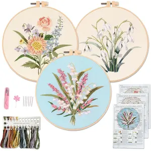 Embroidery kit for Adults and Beginners, Includes 3 Floral  Fabrics, 3 Embroidery Hoops, Embroidery Floss and Other Tools.