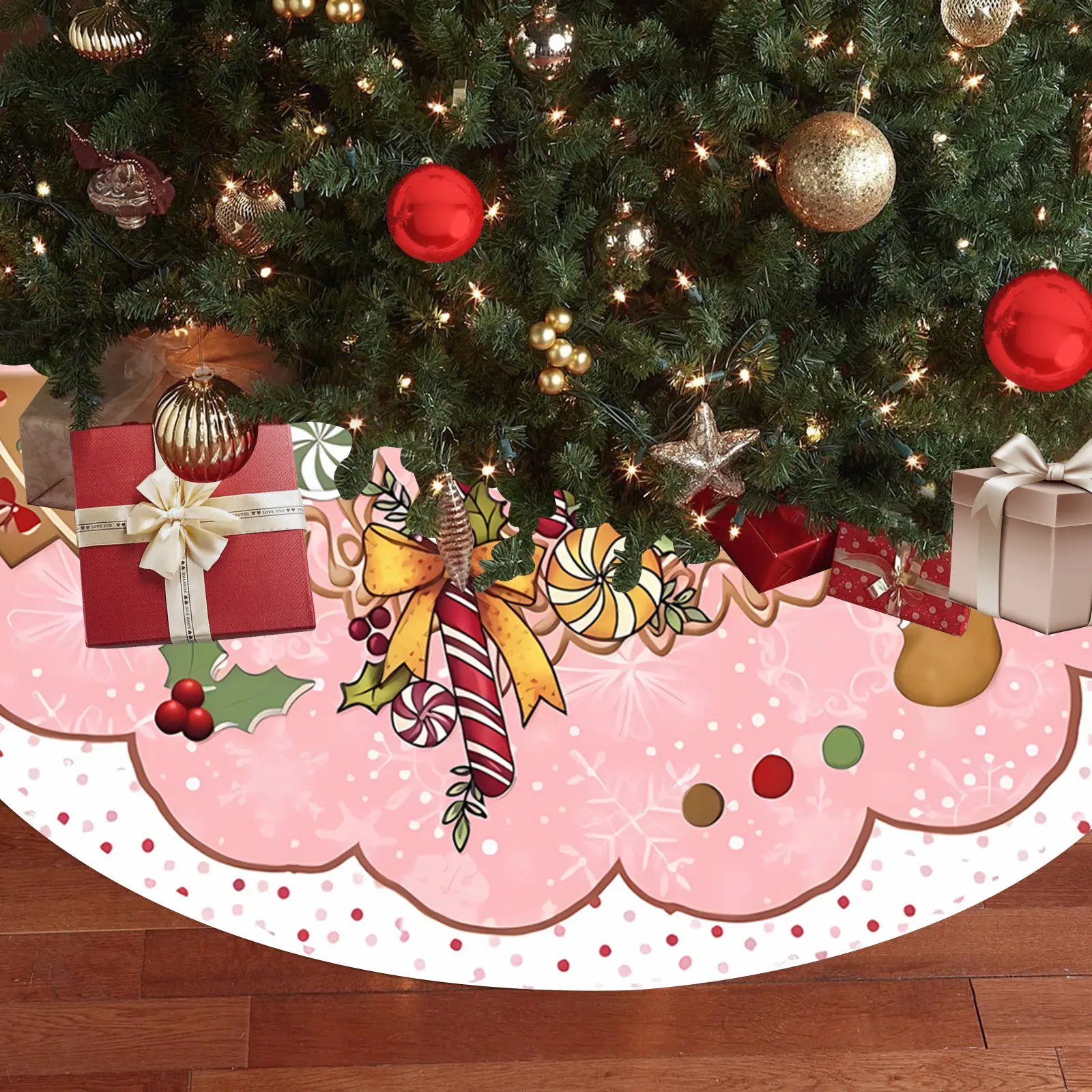 JOOCAR Round Cute Gingerbread Candy Christmas Tree Skirt, Large Household Textile Tree Base Mat Cover for Xmas Festive Party Ornaments Decoration
