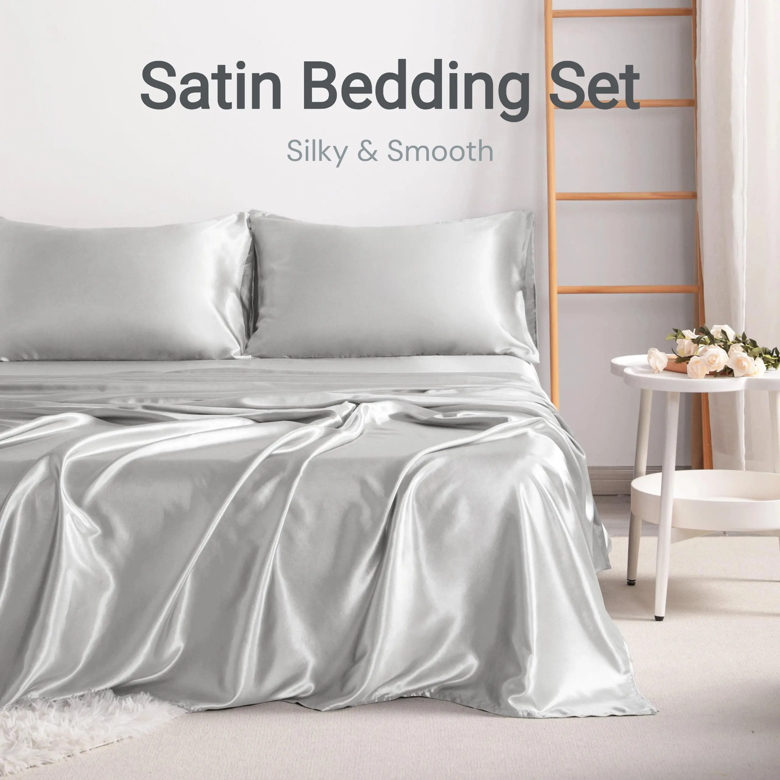 Bedsum 3-4 Piece Satin Sheet Sets - OEKO-TEX Certified Luxurious Beddings, Ultra Soft Silky, Breathable Sheet, Cooling, Skin-Friendly, Hair Pull Reduction, 15" Deep Pocket, Envelope Pillowcases, Luxury Look, Multi-Size (Queen/King/California King)