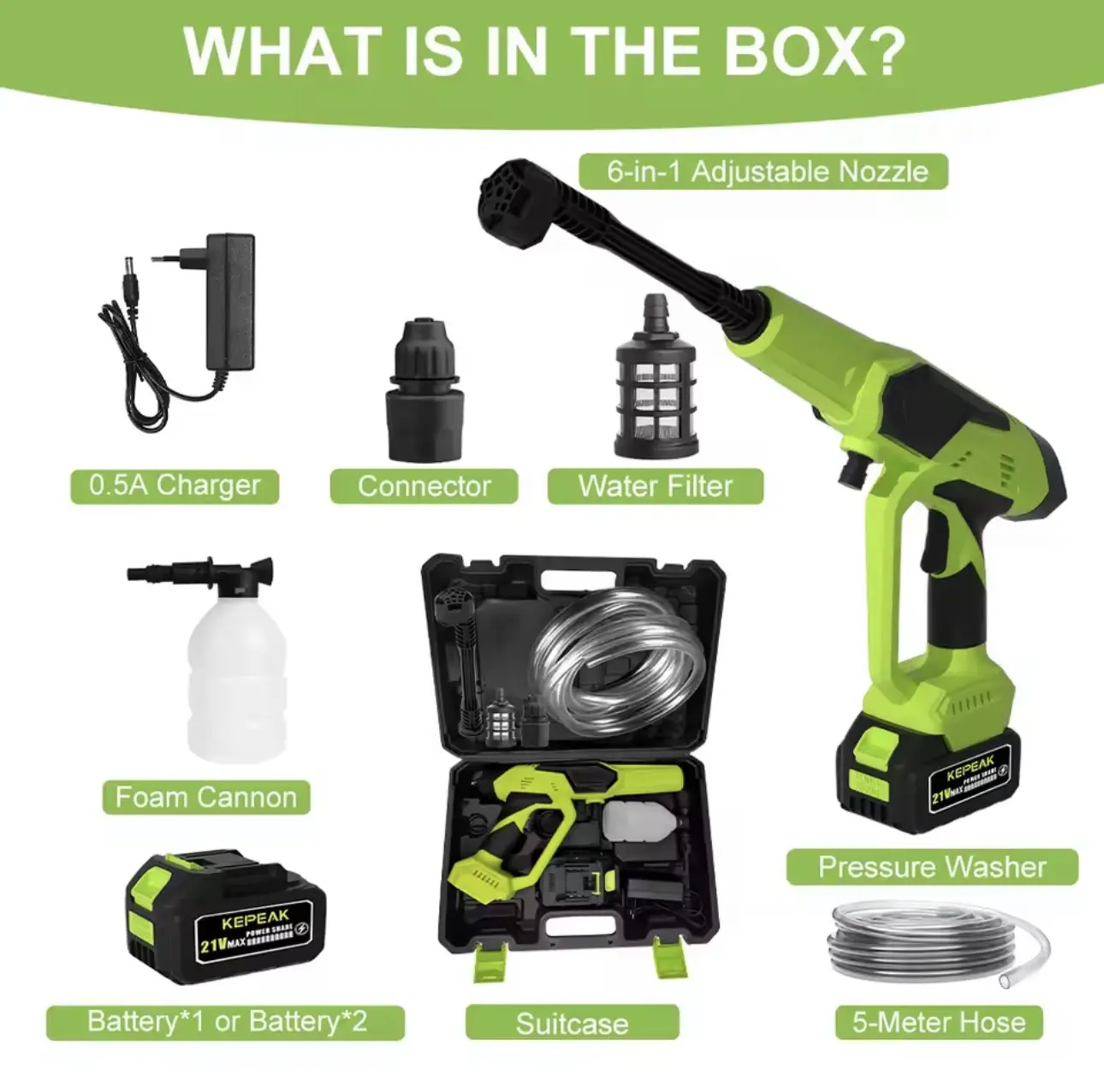 21V Rechargeable Cordless Pressure Washer Gun Portable Electric Car Wash Machine with Foam Sprayer for Home Garden Vehicle Cleaning