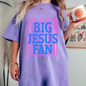 Big Jesus Fan Shirt, Womens Religious Gifts, Striped Preppy Christian T-Shirt, Faith Inspirational