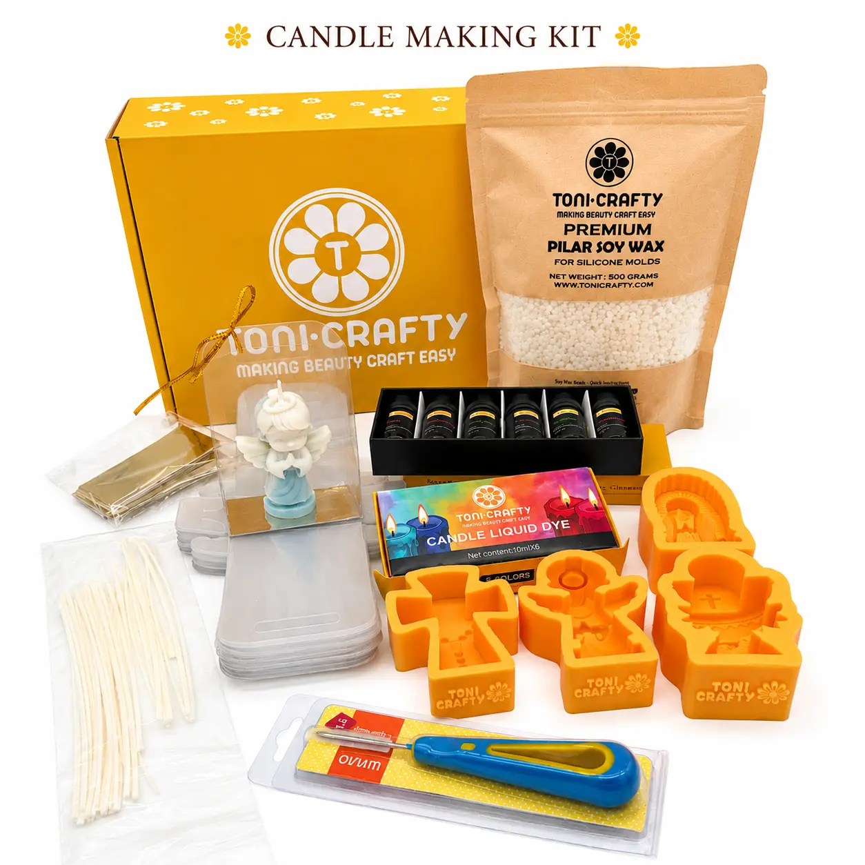 Complete Candle Making Kit for Beginners – Soy Wax, 4 Silicone Molds, 6 Fragrance Oils, 6 Liquid Dyes, 30 Wicks & 30 Clear Gift Boxes