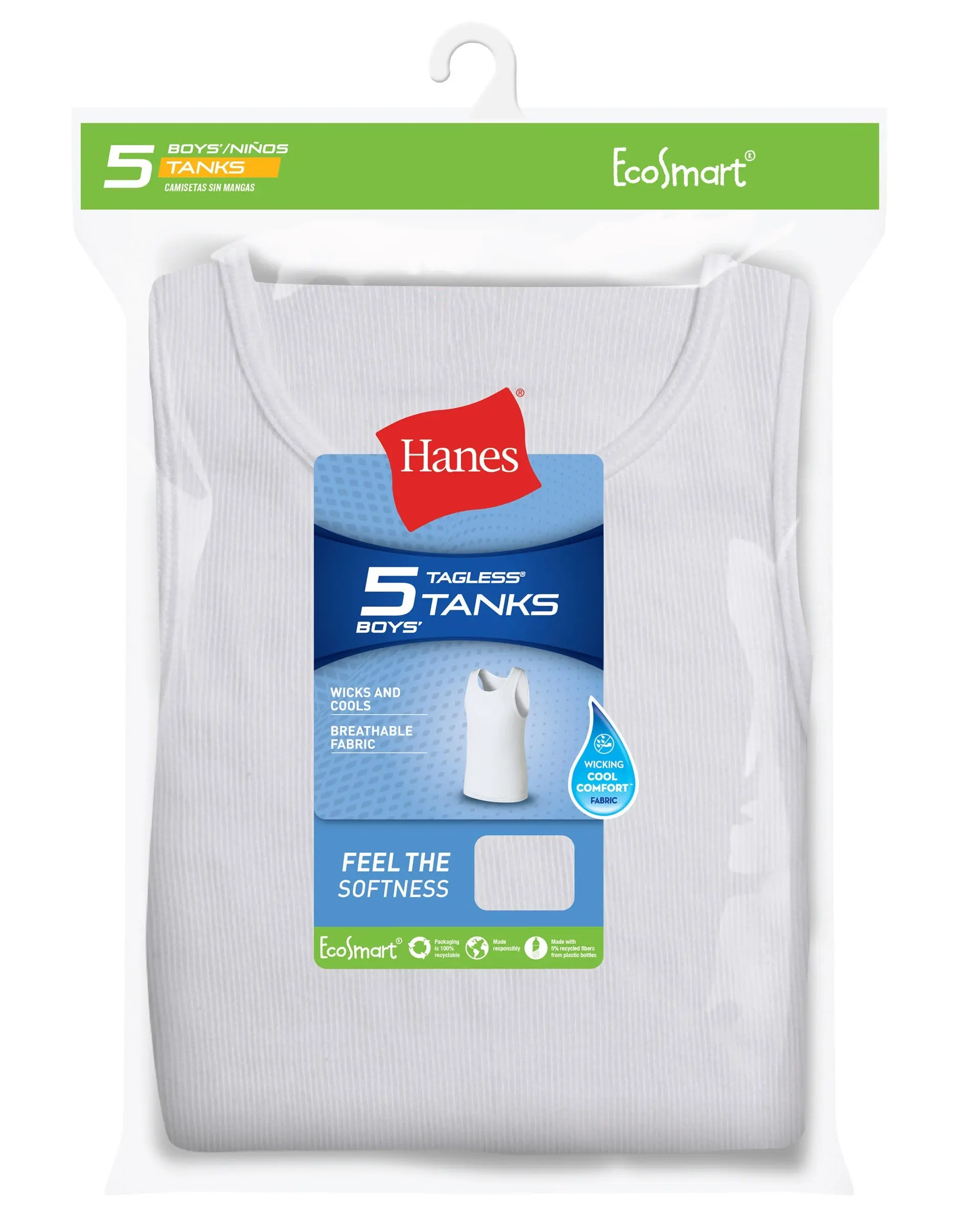 Hanes Ecosmart Boys' Tank 5-pack Underwear Multi Pack Comfortable Fit Soft Stretch Fabric Breathable Brlta5