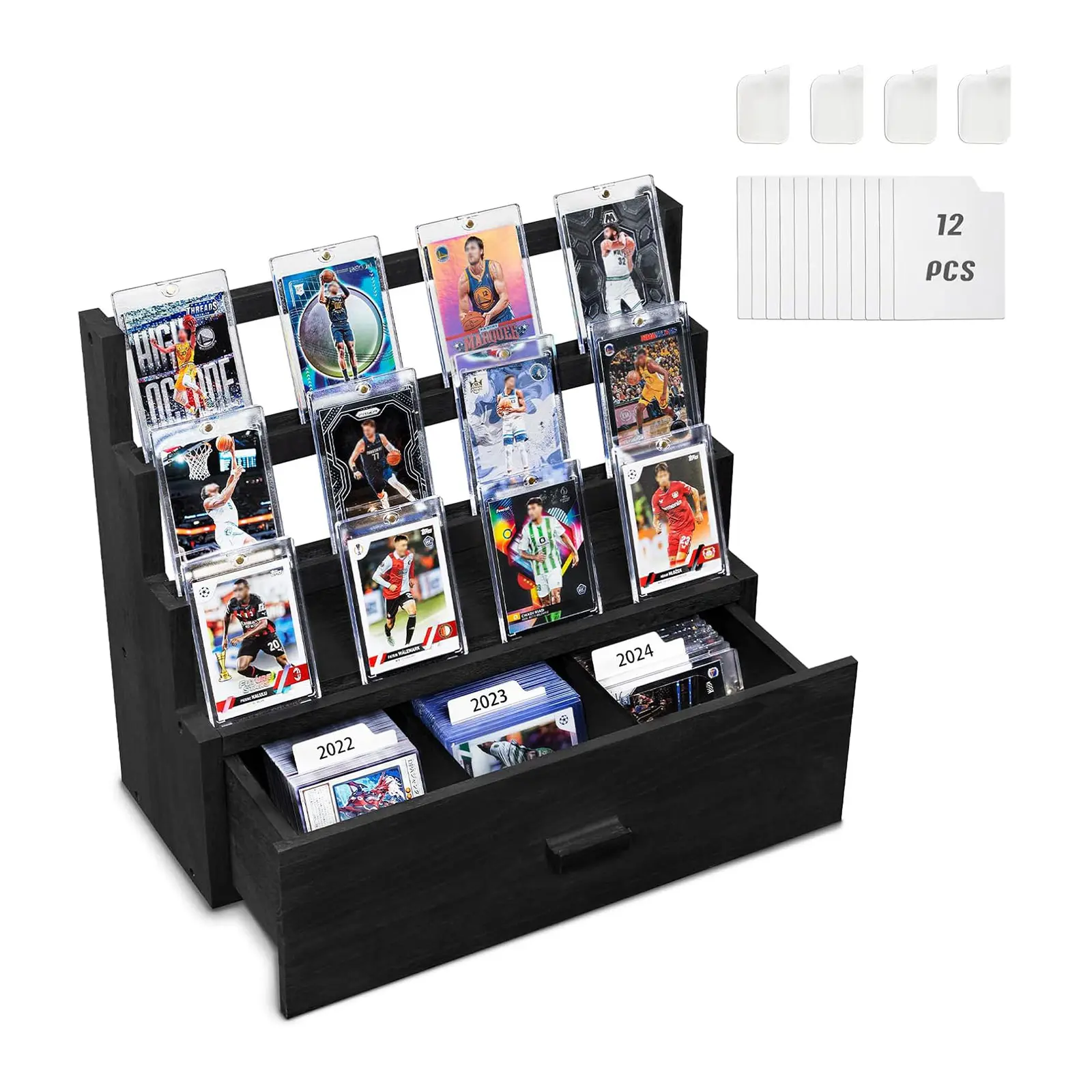 Holds 1000+ Cards! 3-Tier Wooden Trading Card Display Case with Velvet Storage Drawer & Dividers, Heavy Duty Graded Sports Card Holder Stand for Desk