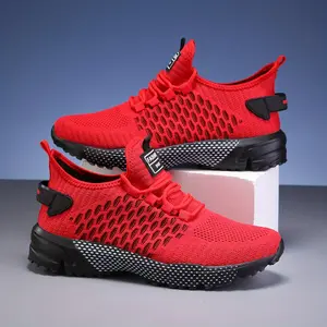 Men's Breathable Mesh Sneakers - Ultra-comfortable, non-slip, geometric pattern with red accents - Perfect for running, basketball, tennis, and casual wear - Lightweight and stylish, ideal for active men