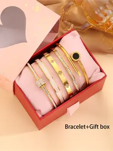 Luxurious 5-Piece Stainless Steel Bracelet Set, Elegant Gift Boxes Included, Unisex Fashion Accessories for All Seasons