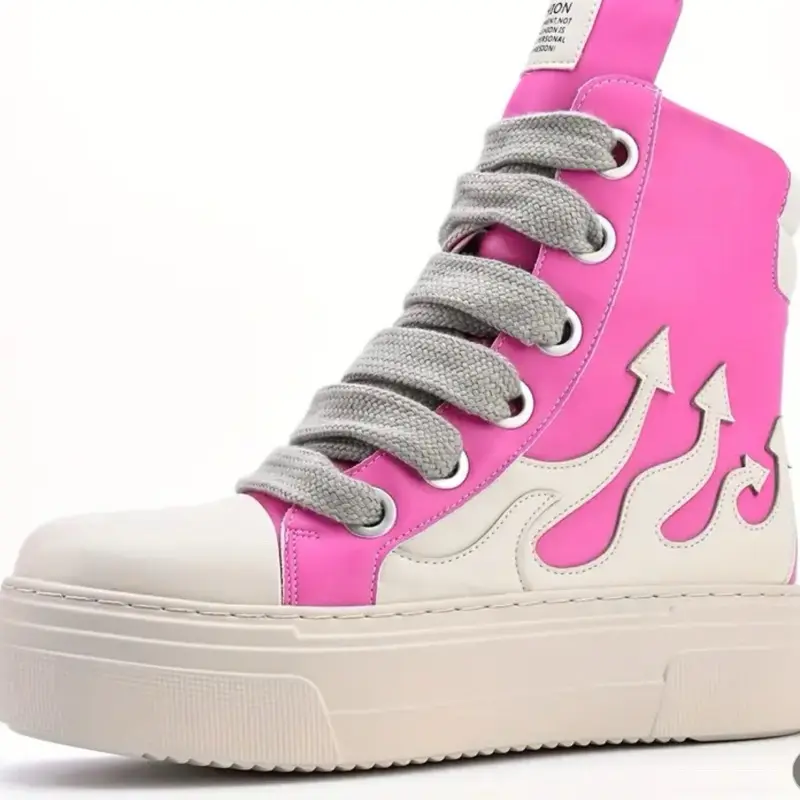 Women's High Top Flame Sneakers - Pink & White Walking Shoes Runner Style with Unique Design