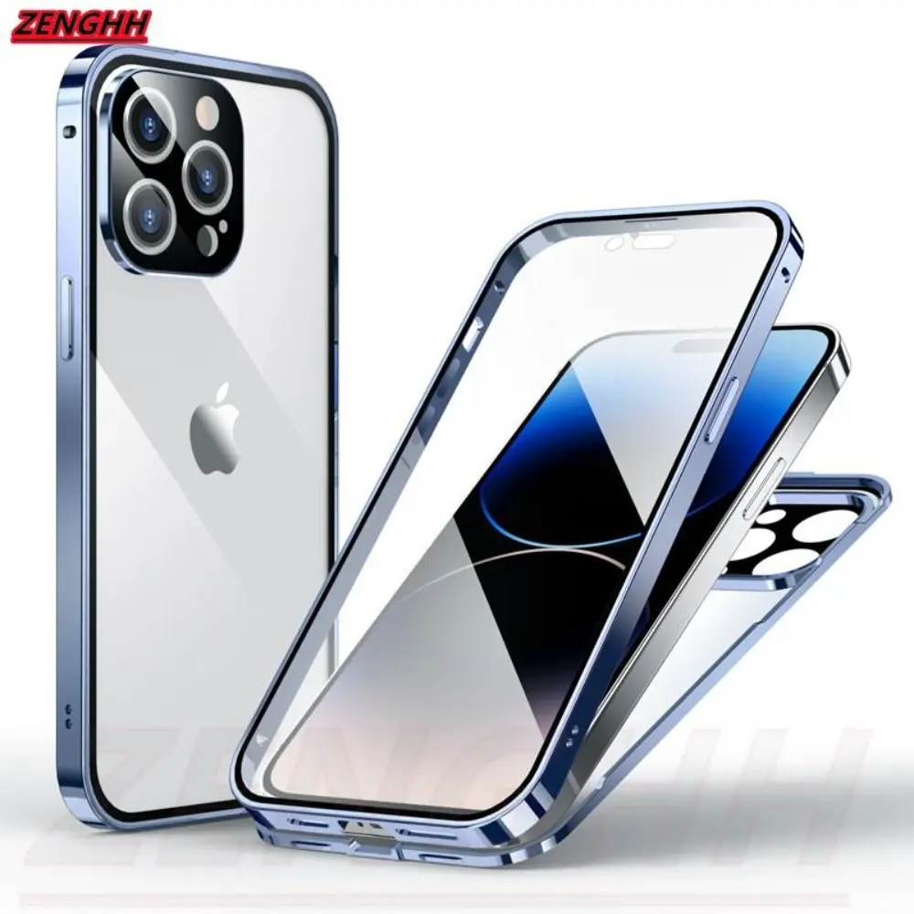 Double Sided Glass Magnetic Adsorption Metal Snap Lock Case for IPhone 15 14 13 12 11 Pro Max 15Plus Camera Lens Protect Cover