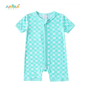 JUNBLEBABY Baby Bamboo Fiber Short-Sleeved Two-Zipper Blue Check Print Soft Hairy Bamboo Fabric One-Piece Playwear for Comfort & Style
