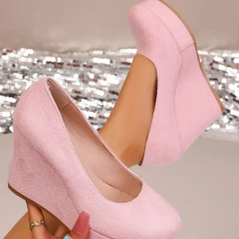 Women's New Stylish Wedge Heeled Thick Sole Shoes, Perfect for Parties, Commutes, and Travel, Trendy Solid Color Design, Heels Wedges, Fashionable Wedge Shoes