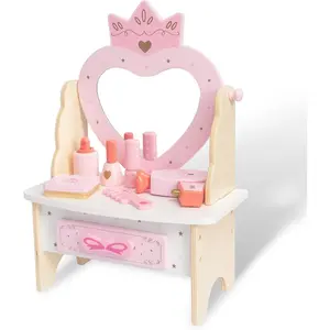 Wooden Vanity Set for Kids Pretend Play Toddler Makeup Vanity Table Toys with 360° Rotatable Mirror Beauty Salon Set Includes Makeup Accessories Little Girls Gift Age 3+ (Pink)