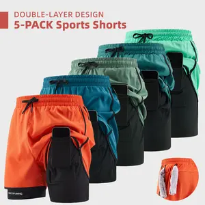 Men’s 5-pack double-layer faux two-piece running shorts with phone pocket and towel loop; quick-drying, breathable, anti-exposure design; lightweight and comfortable; versatile for running, fitness, basketball training, everyday commuting.
