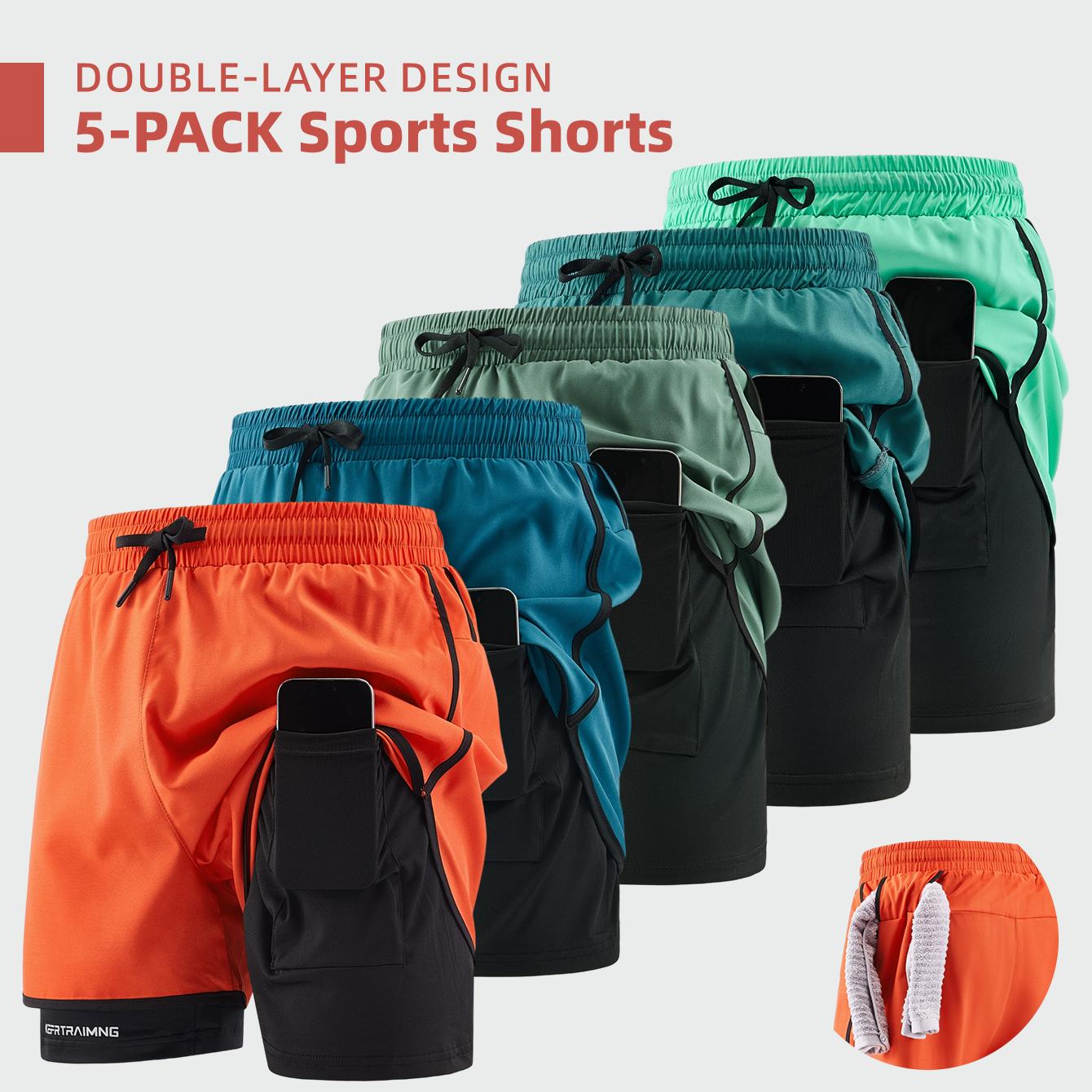 Men’s 5-pack double-layer faux two-piece running shorts with phone pocket and towel loop; quick-drying, breathable, anti-exposure design; lightweight and comfortable; versatile for running, fitness, basketball training, everyday commuting.