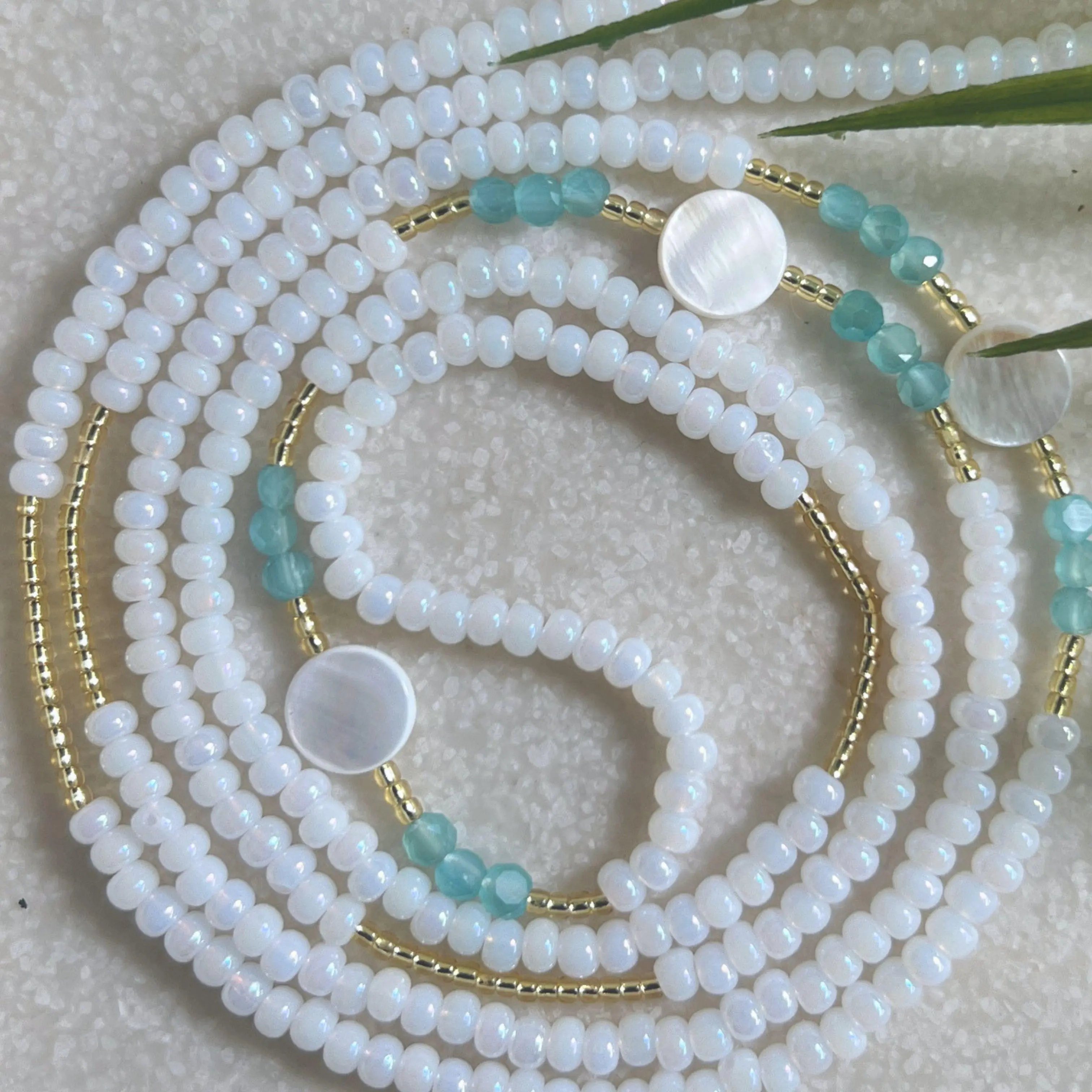 OCEANA - 45 to 60 Inch Tie On Waist Beads - Handcrafted White Waistbeads, Durable & Non-Stretch, One Size Fits Most (XXS to 5XL)