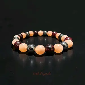 Exquisite Trendy Fashionable Bracelet - 8mm Natural Garnet, Peach Moonstone & Hematite Jewelry, Accessories for Women & Adults, Semiprecious Stone Bracelet