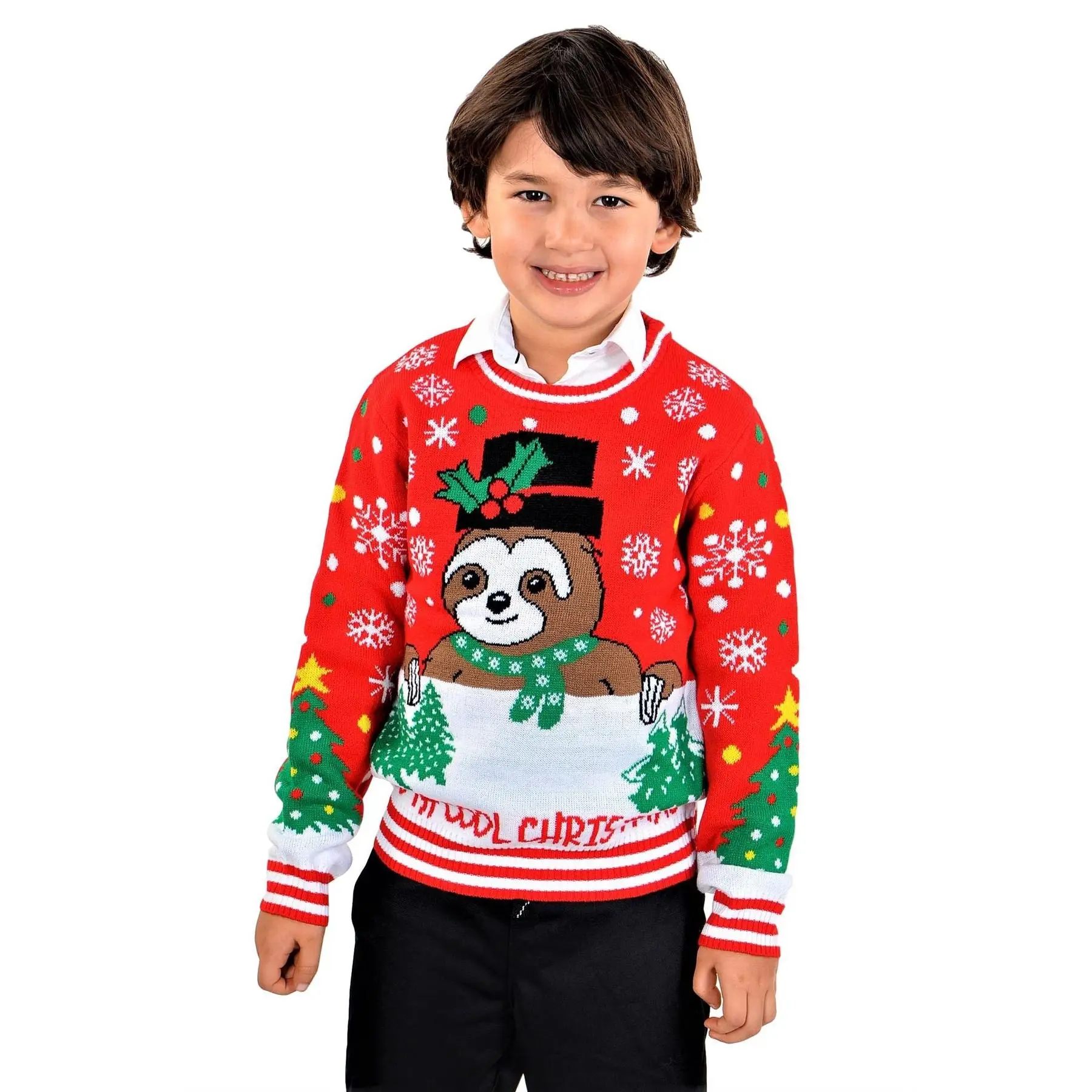 SOCAL LOOK Ugly Christmas Sweater for Kids- Red Long Sleeve Unisex Children Festive Cute Sloth Holiday Pullover for Boys & Girls