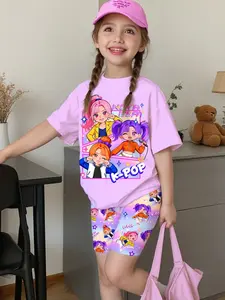 K-Pop Girl Group Style Set, Gradient Full Print Cartoon Idol Short Sleeve Shorts, Cute Slim-Fitting Suit for Girls, No Button Design