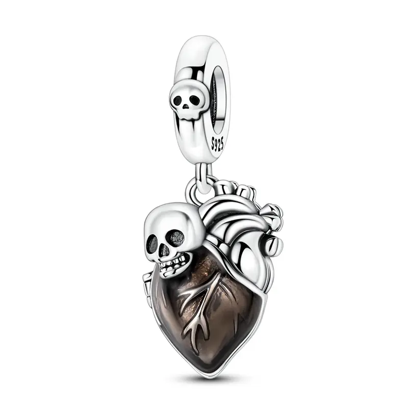 MULA Dangle Charm, Gothic Anatomical Heart & Skull in 925 Sterling Silver, Dark Romance Openable Locket with Hidden Red CZ & Oxidized Finish, Fits Pandora Bracelets, Hinge Lock, Goth Weddings