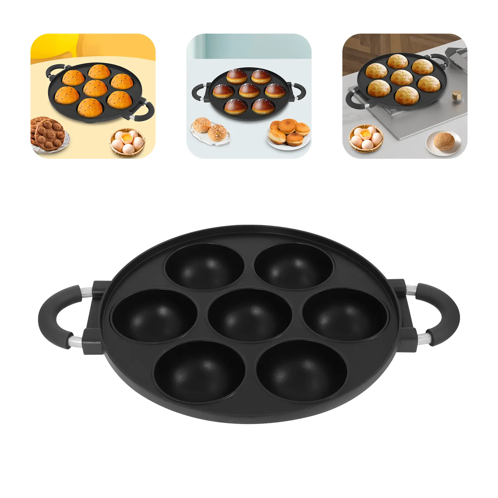 7 Hole Aluminum Die Cast Takoyaki Pancake Baking Pan Round Black Modern Gas Only Hand Wash Durable Rust Resistant Kitchen Cake Mold Plate