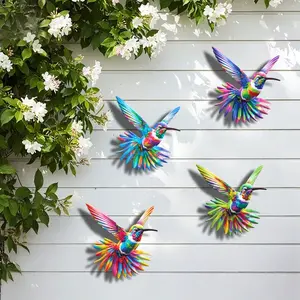 4pcs New Large Tail Colorful Iron Hummingbird Wall Decor, Waterproof Rust-Resistant, Garden Decoration, Outdoor Hanging Ornament