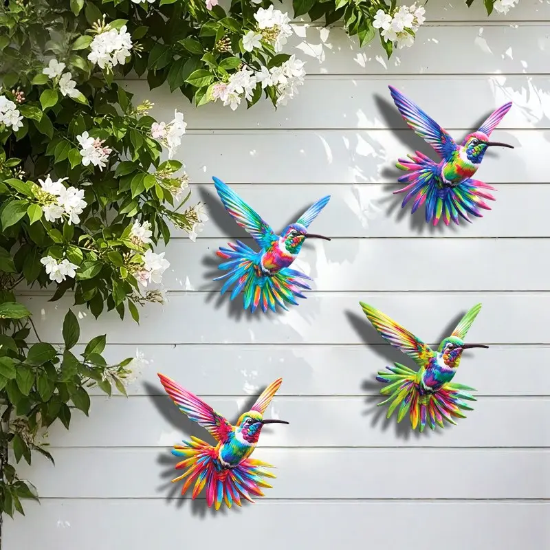 4pcs New Large Tail Colorful Iron Hummingbird Wall Decor, Animal Decorations, Waterproof Rust-Resistant, Garden Decoration, Outdoor Hanging Ornament, Decorative Hanging Piece